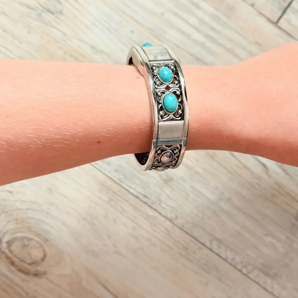 Southwestern Turquoise Silver Tone Cuff Bracelet Watch Western Boho Cowgirl